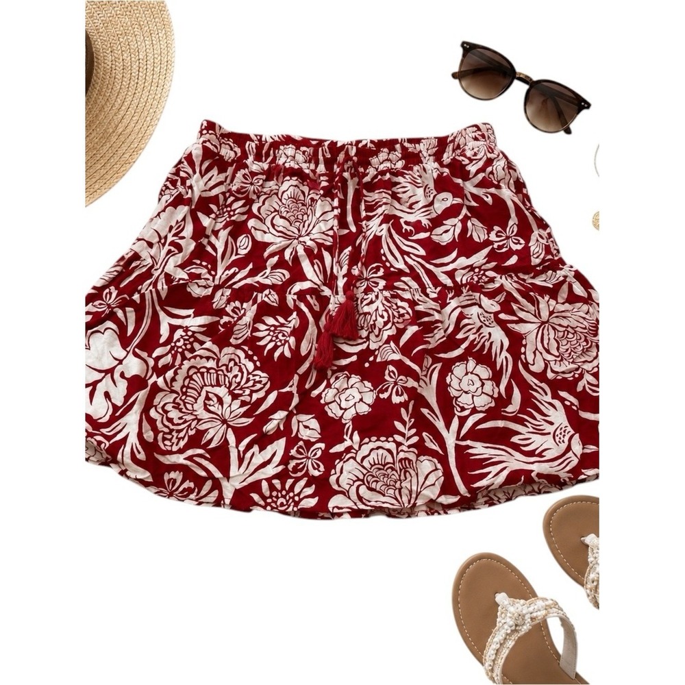 Knox Rose Women's L Red Ivory Floral Tiered Mini Skirt Boho Drawstring Summer